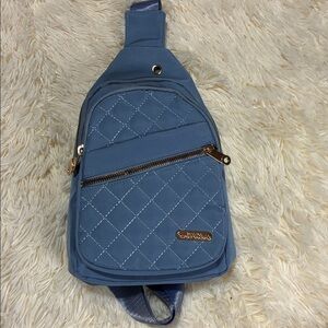 Blue Quilted Sling Bag with Gold Accents